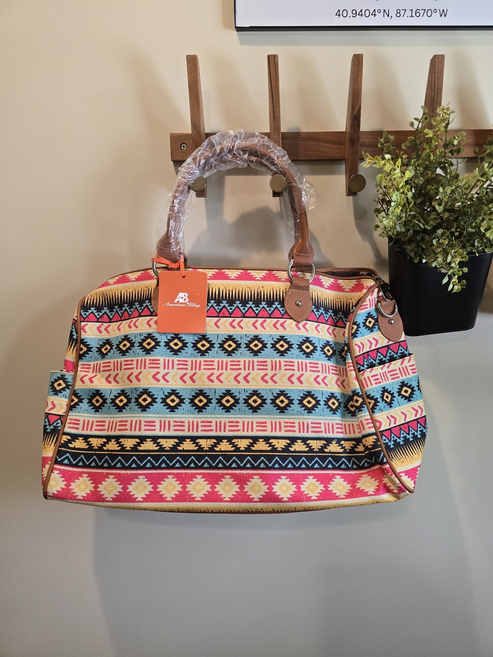 Aztec Print Travel Weekender Bag with Tan Handles